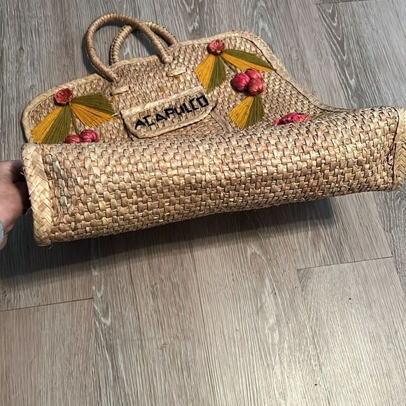 Vintage 60s Acapulco Tote Beach Bag Straw Woven Large Shopper 3D Rattan Flowers - Picture 6 of 12
